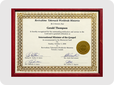Revelations Tabernacle Worldwide Ministries recognition certificate