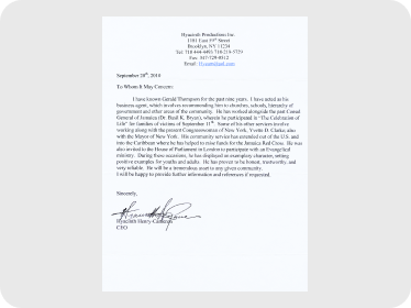 Harwell Productions Inc. letter of recognition